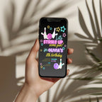 Neon bowling birthday invitation with glowing stars, bowling pins and colorful text for a fun kids party celebration