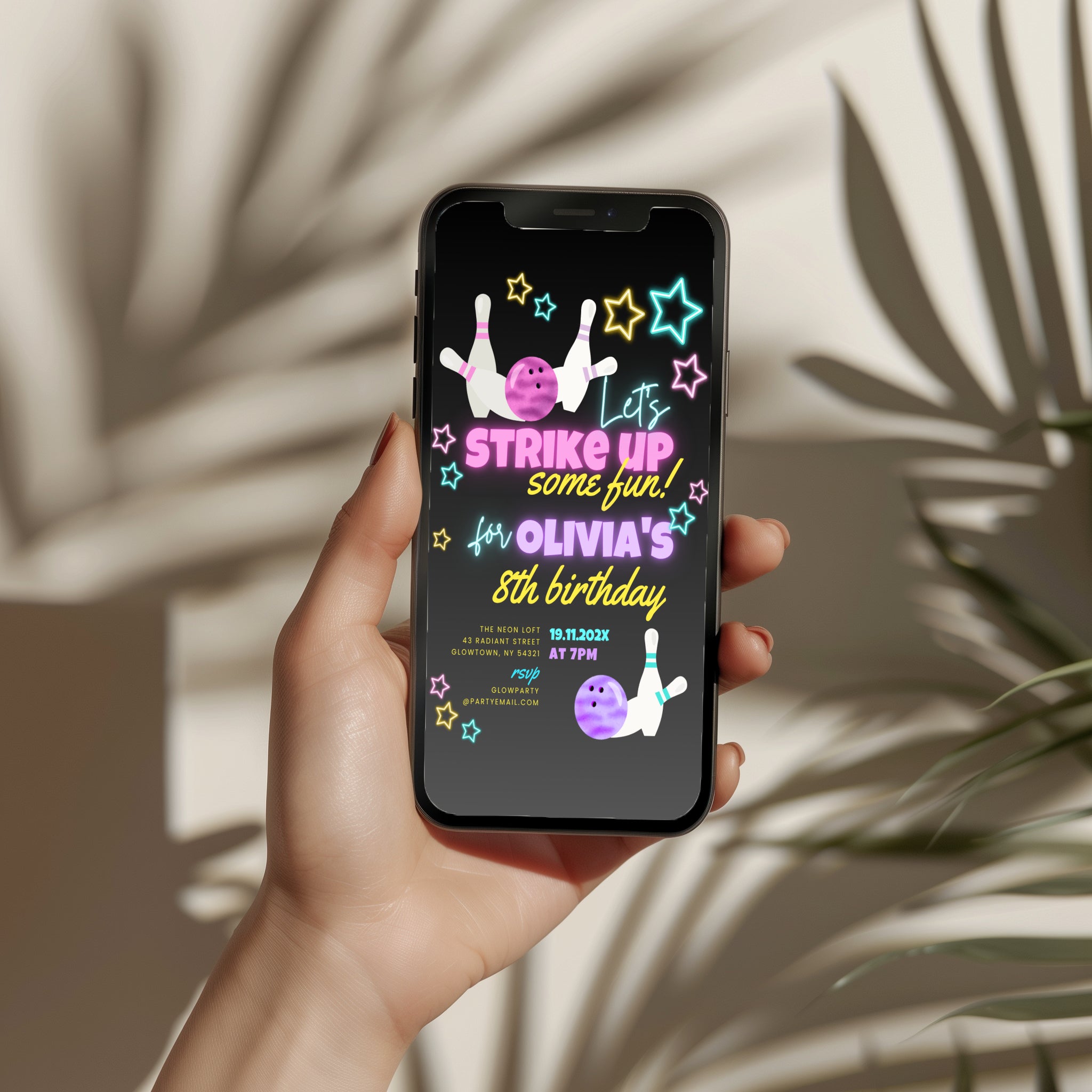 Neon bowling birthday invitation with glowing stars, bowling pins and colorful text for a fun kids party celebration