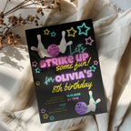 Neon bowling birthday invitation with glowing stars, bowling pins and colorful text for a fun kids party celebration