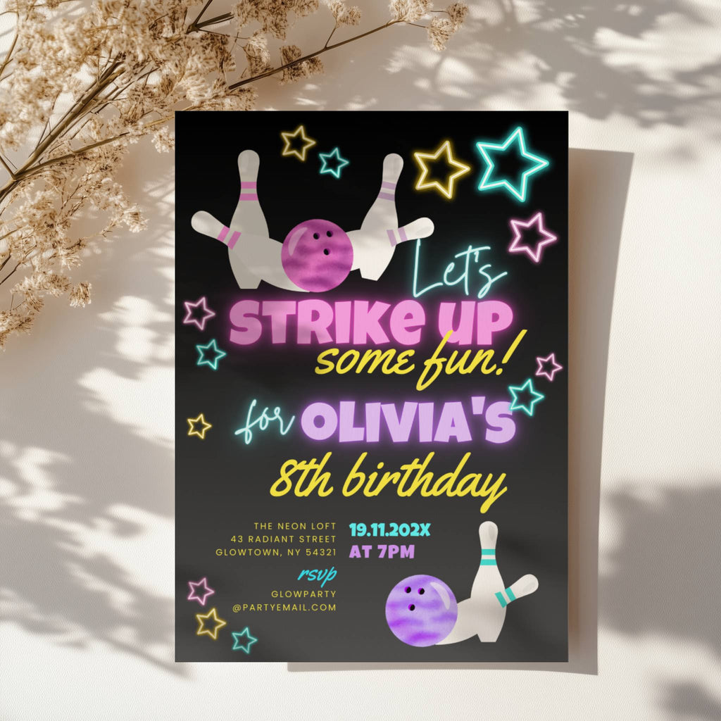 Neon bowling birthday invitation with glowing stars, bowling pins and colorful text for a fun kids party celebration