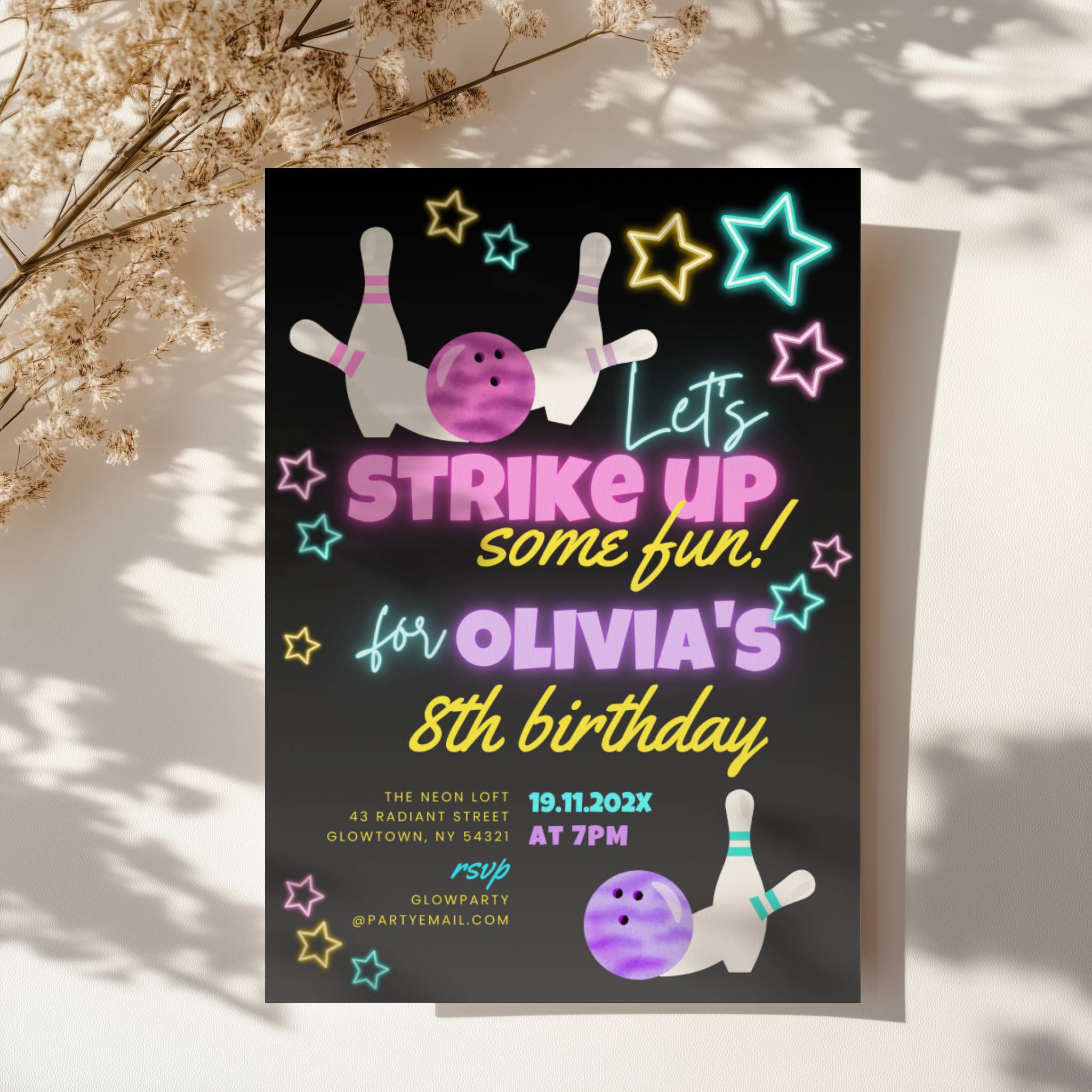 Neon bowling birthday invitation with glowing stars, bowling pins and colorful text for a fun kids party celebration