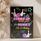 Neon bowling birthday invitation with glowing stars, bowling pins and colorful text for a fun kids party celebration