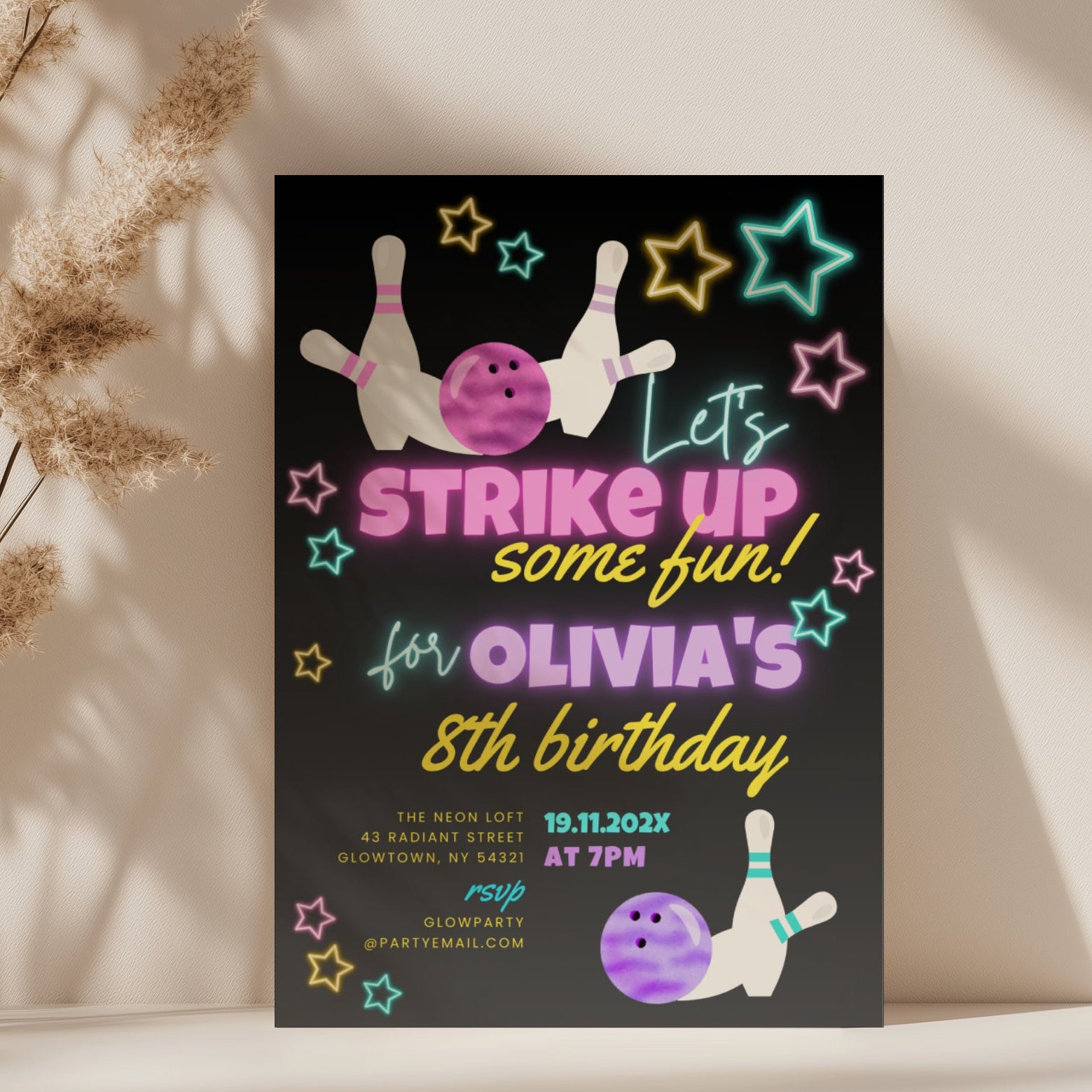 Neon bowling birthday invitation with glowing stars, bowling pins and colorful text for a fun kids party celebration