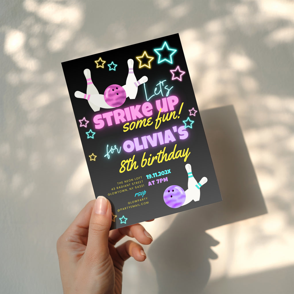 Neon bowling birthday invitation with glowing stars, bowling pins and colorful text for a fun kids party celebration