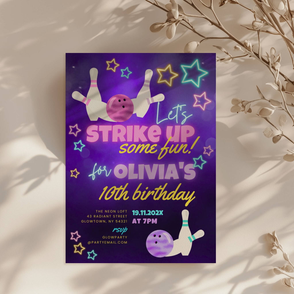 Glow bowling birthday invitation with neon stars, bowling pins and purple background for a fun kids party celebration