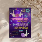 Glow bowling birthday invitation with neon stars, bowling pins and purple background for a fun kids party celebration