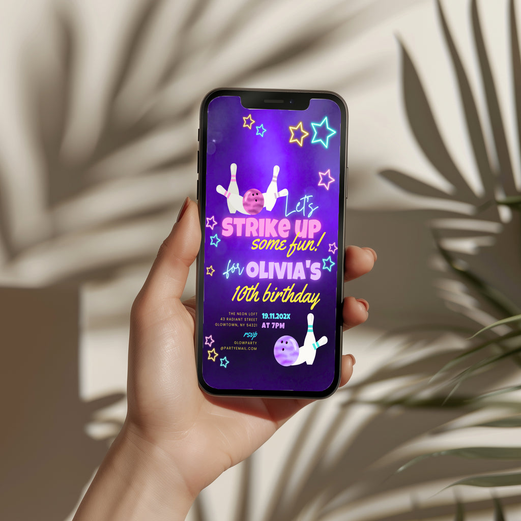 Glow bowling birthday invitation with neon stars, bowling pins and purple background for a fun kids party celebration