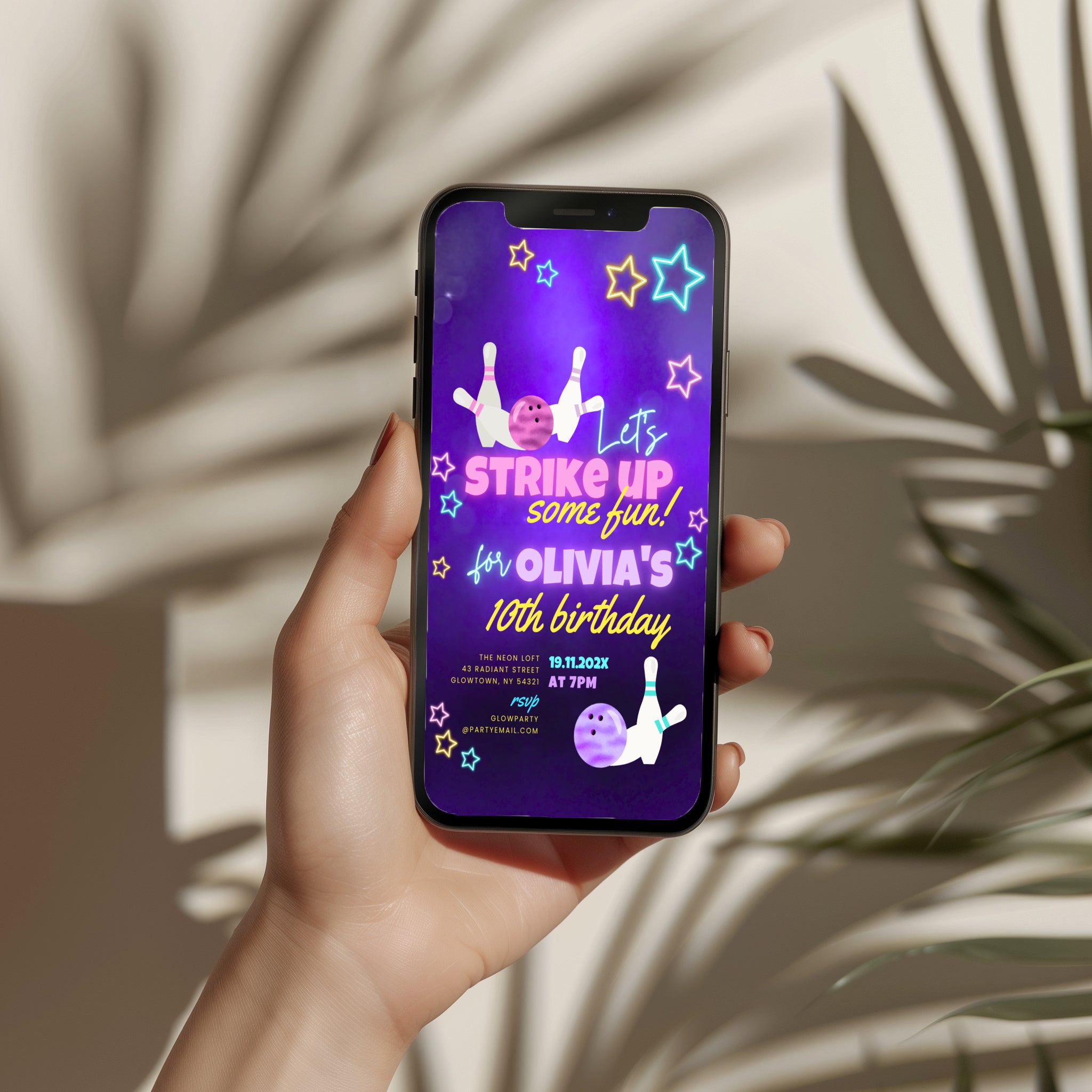 Glow bowling birthday invitation with neon stars, bowling pins and purple background for a fun kids party celebration