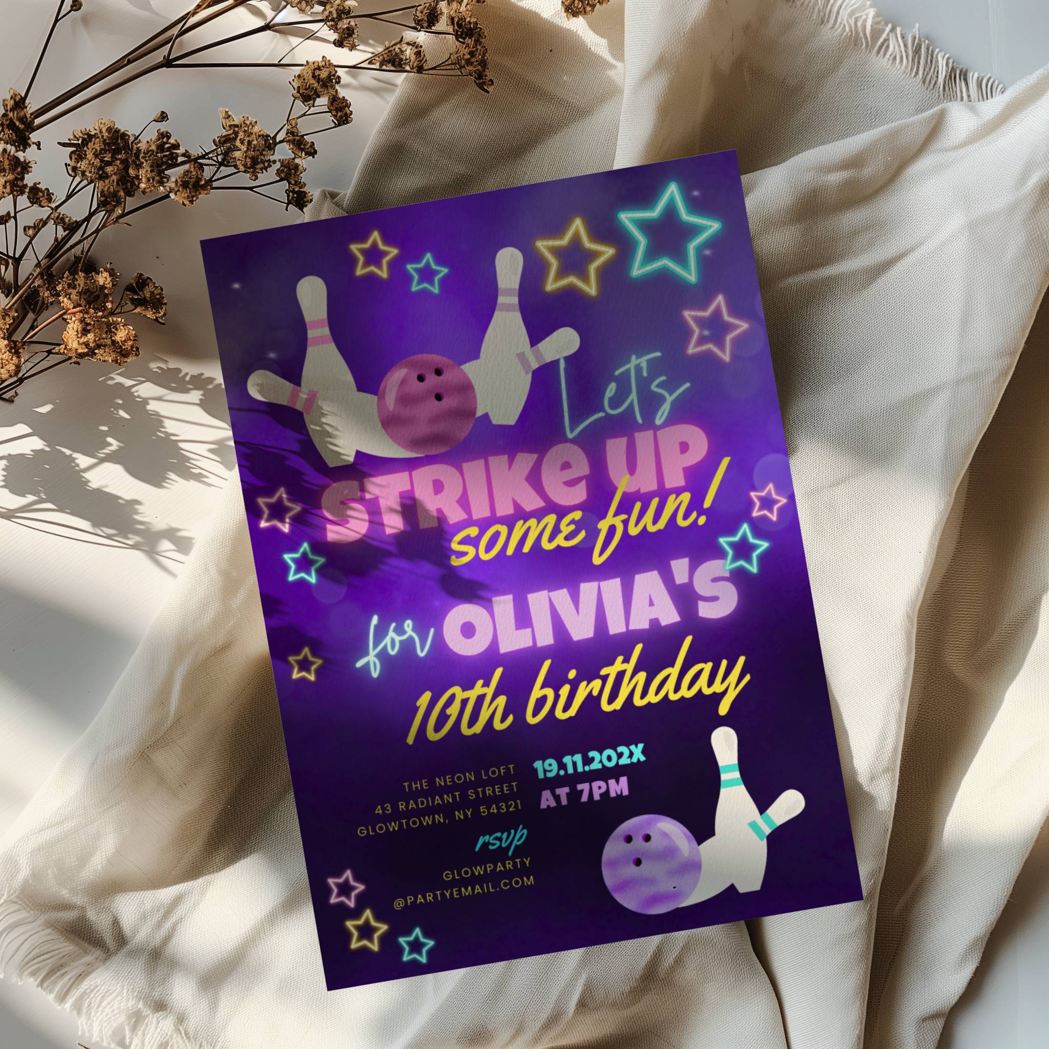 Glow bowling birthday invitation with neon stars, bowling pins and purple background for a fun kids party celebration