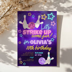 Glow bowling birthday invitation with neon stars, bowling pins and purple background for a fun kids party celebration