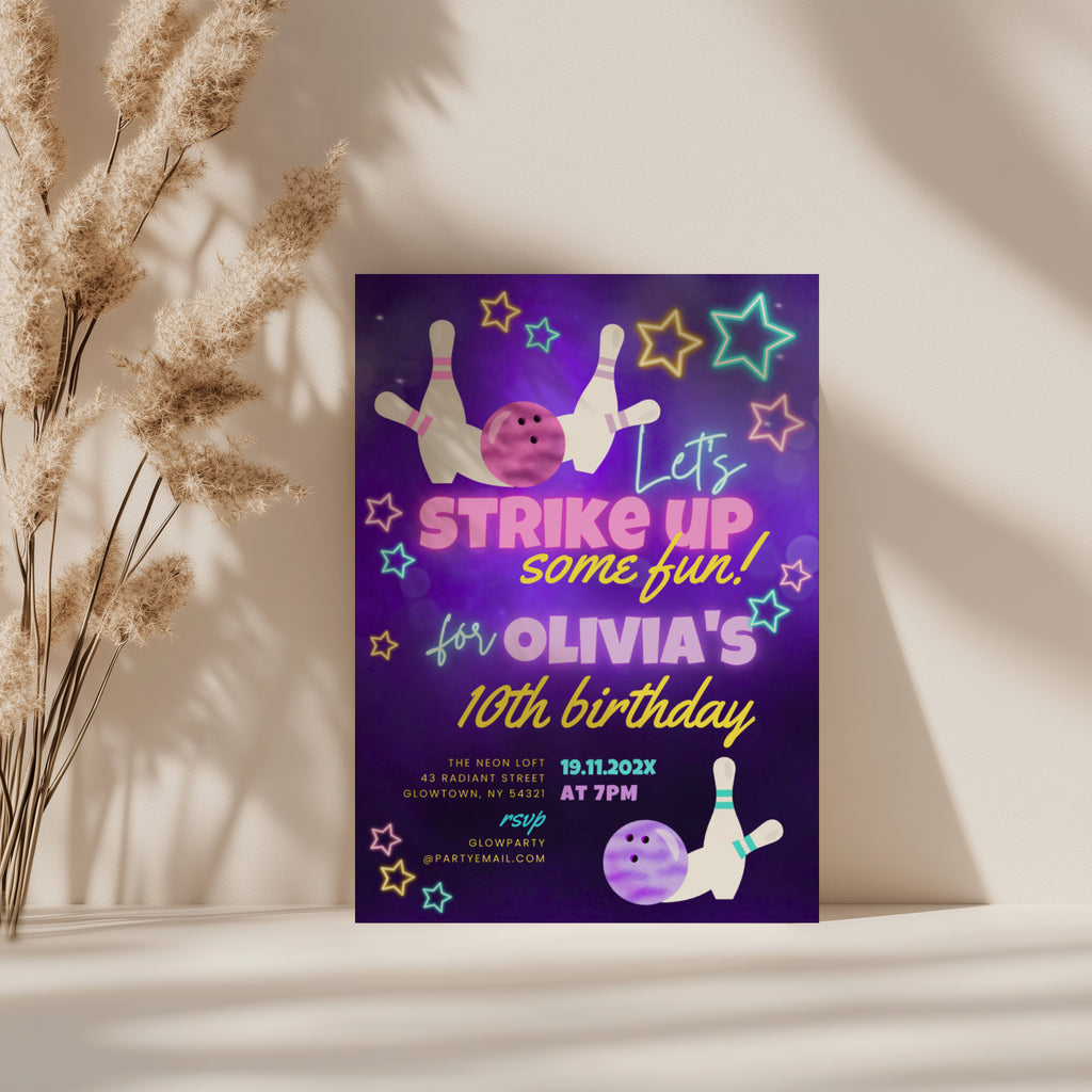 Glow bowling birthday invitation with neon stars, bowling pins and purple background for a fun kids party celebration