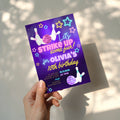 Glow bowling birthday invitation with neon stars, bowling pins and purple background for a fun kids party celebration
