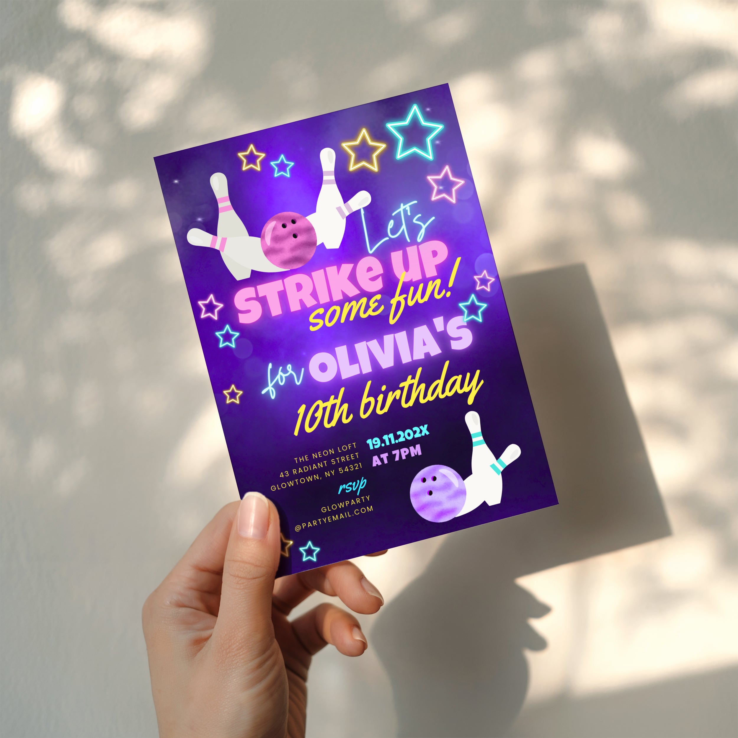 Glow bowling birthday invitation with neon stars, bowling pins and purple background for a fun kids party celebration