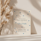 Minimal first birthday invitation with small blue bows and clean elegant design for a baby boy celebration