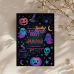 Galaxy Halloween party invitation with colorful ghosts, pumpkins, stars and spooky elements in a fun kids design