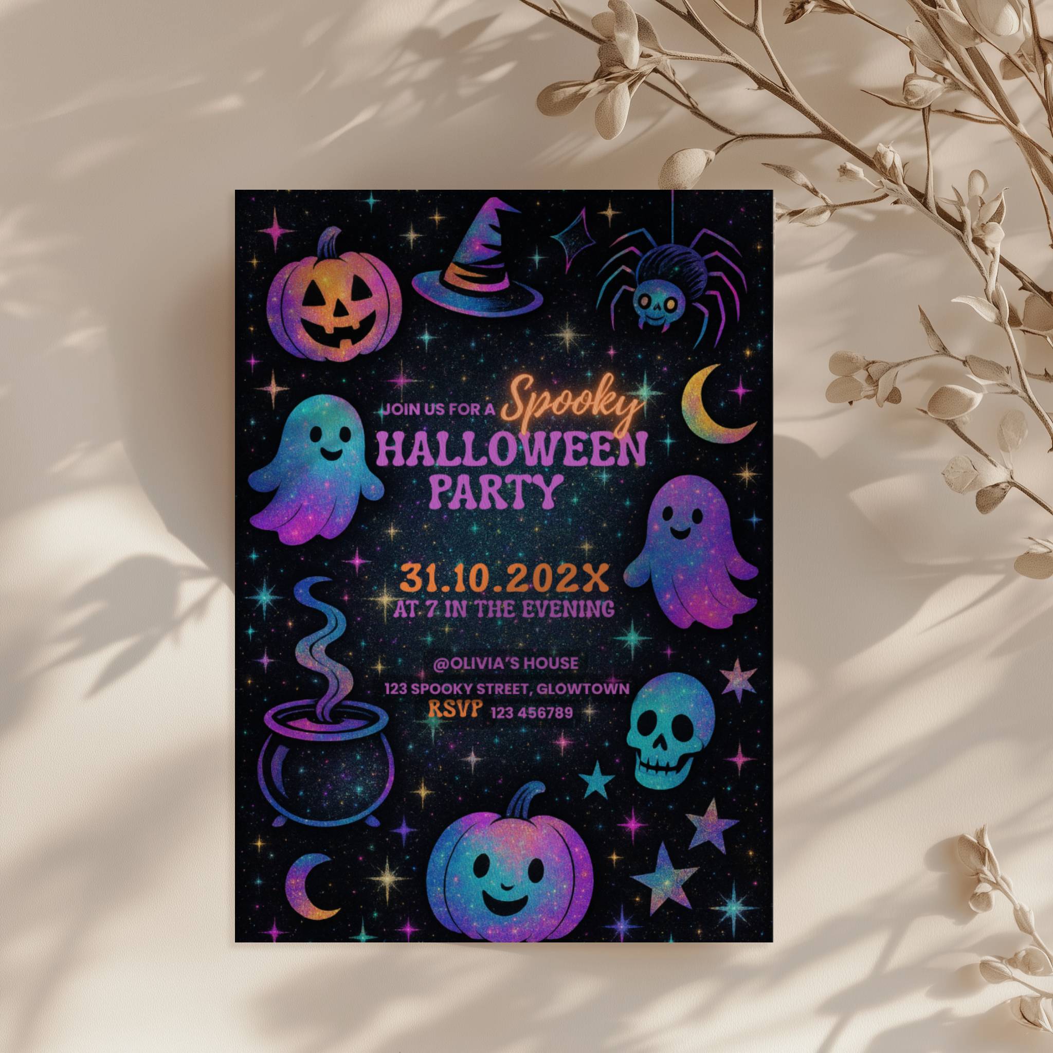 Galaxy Halloween party invitation with colorful ghosts, pumpkins, stars and spooky elements in a fun kids design