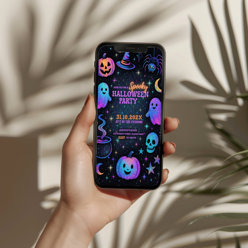 Galaxy Halloween party invitation with colorful ghosts, pumpkins, stars and spooky elements in a fun kids design