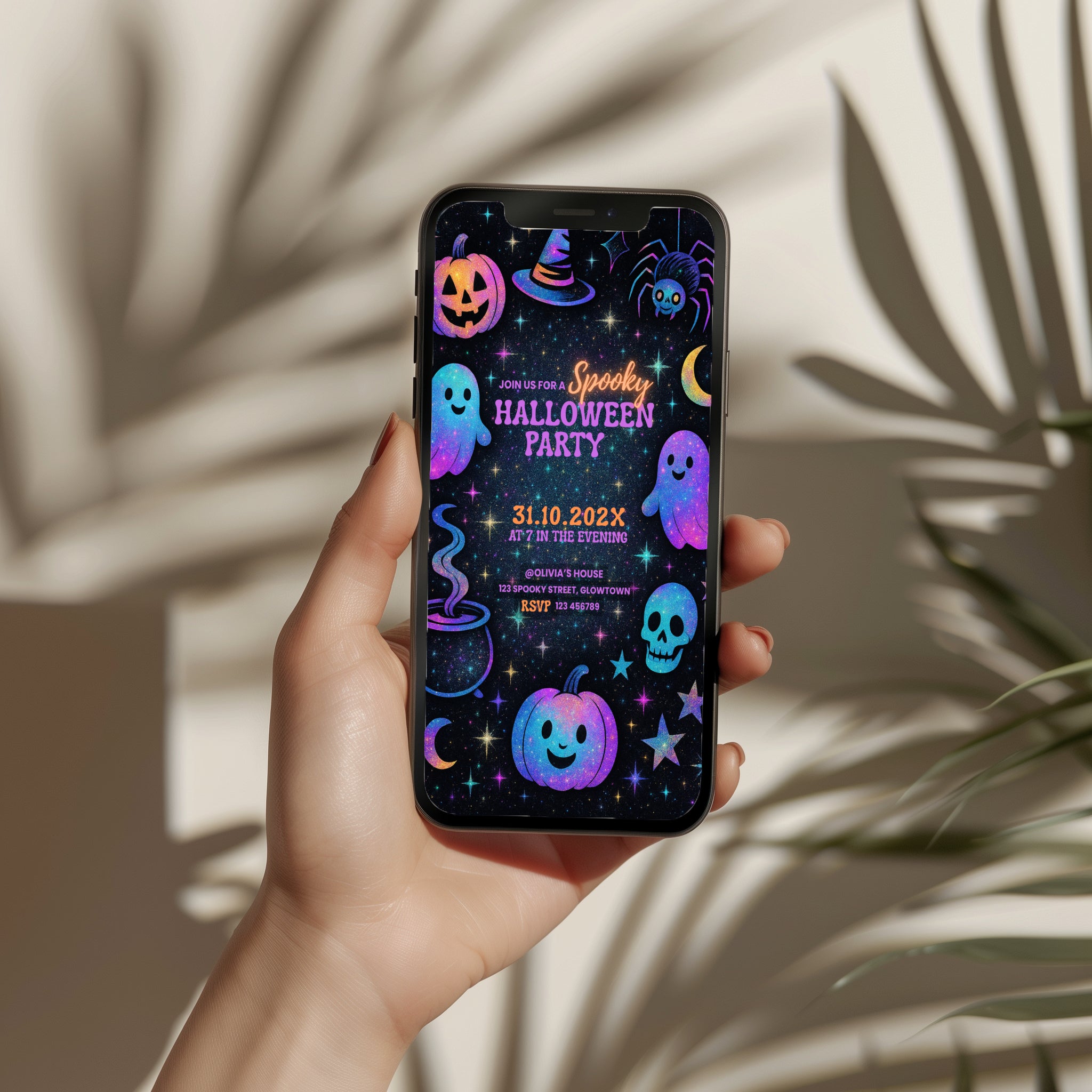 Galaxy Halloween party invitation with colorful ghosts, pumpkins, stars and spooky elements in a fun kids design