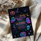 Galaxy Halloween party invitation with colorful ghosts, pumpkins, stars and spooky elements in a fun kids design