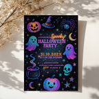 Galaxy Halloween party invitation with colorful ghosts, pumpkins, stars and spooky elements in a fun kids design