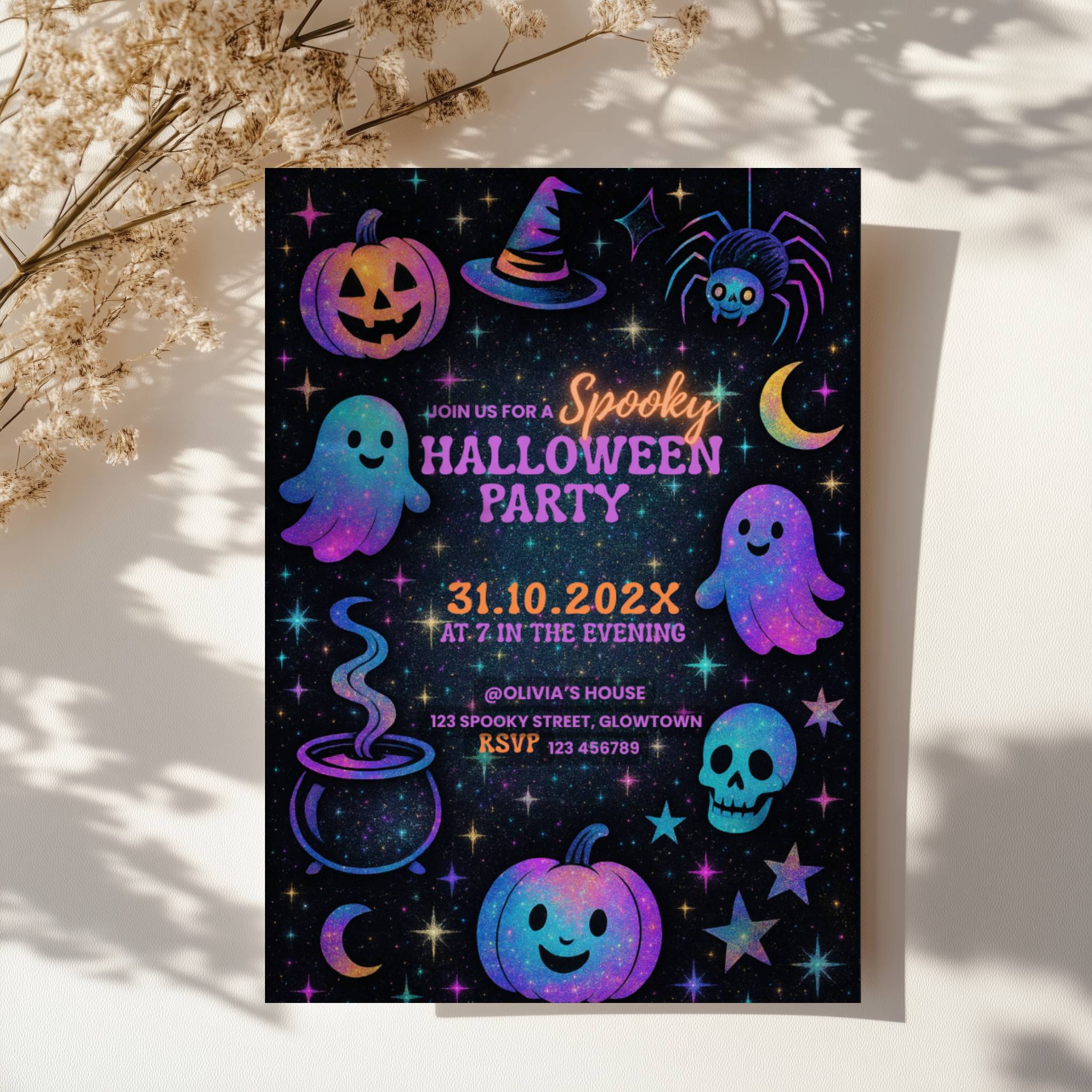 Galaxy Halloween party invitation with colorful ghosts, pumpkins, stars and spooky elements in a fun kids design