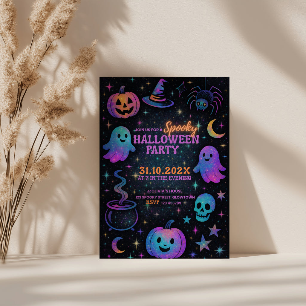 Galaxy Halloween party invitation with colorful ghosts, pumpkins, stars and spooky elements in a fun kids design