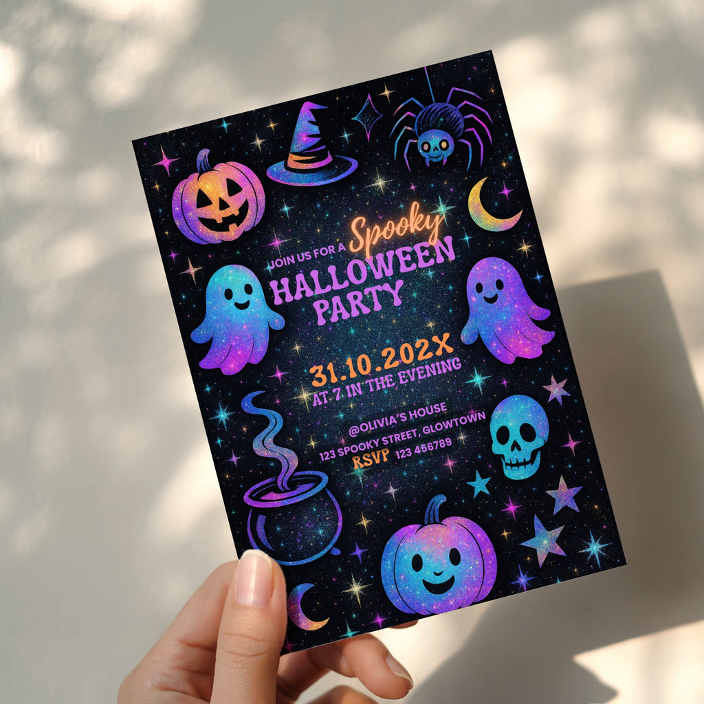 Galaxy Halloween party invitation with colorful ghosts, pumpkins, stars and spooky elements in a fun kids design