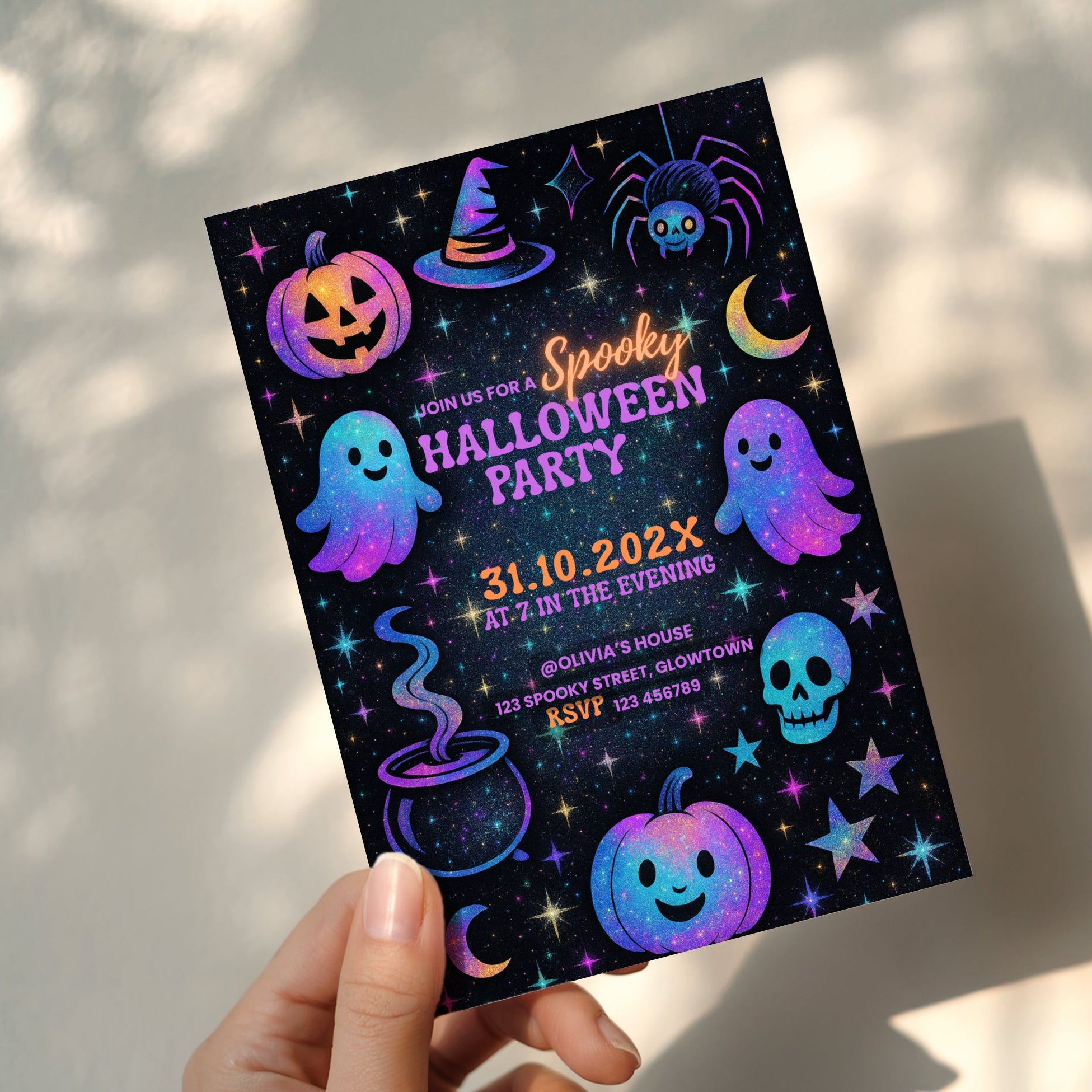 Galaxy Halloween party invitation with colorful ghosts, pumpkins, stars and spooky elements in a fun kids design