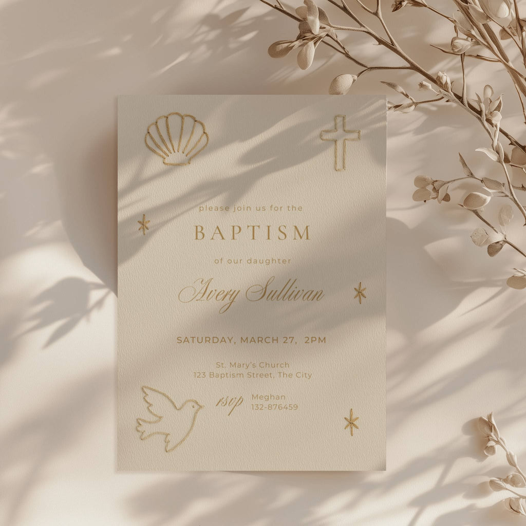 Embroidered baptism invitation with neutral background and stitched minimal design