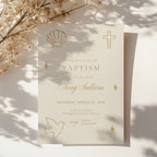 Embroidered baptism invitation with neutral background and stitched minimal design