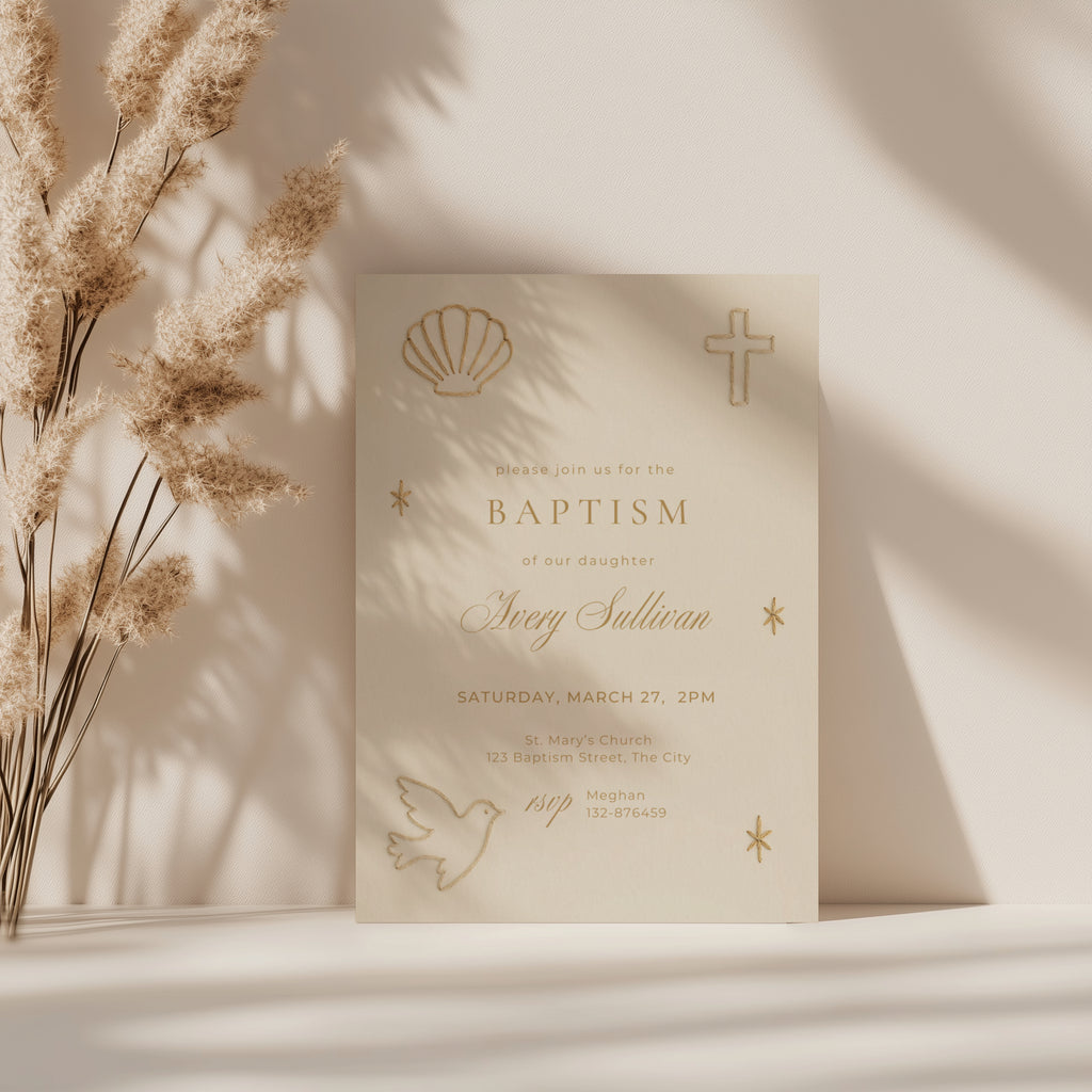 Embroidered baptism invitation with neutral background and stitched minimal design