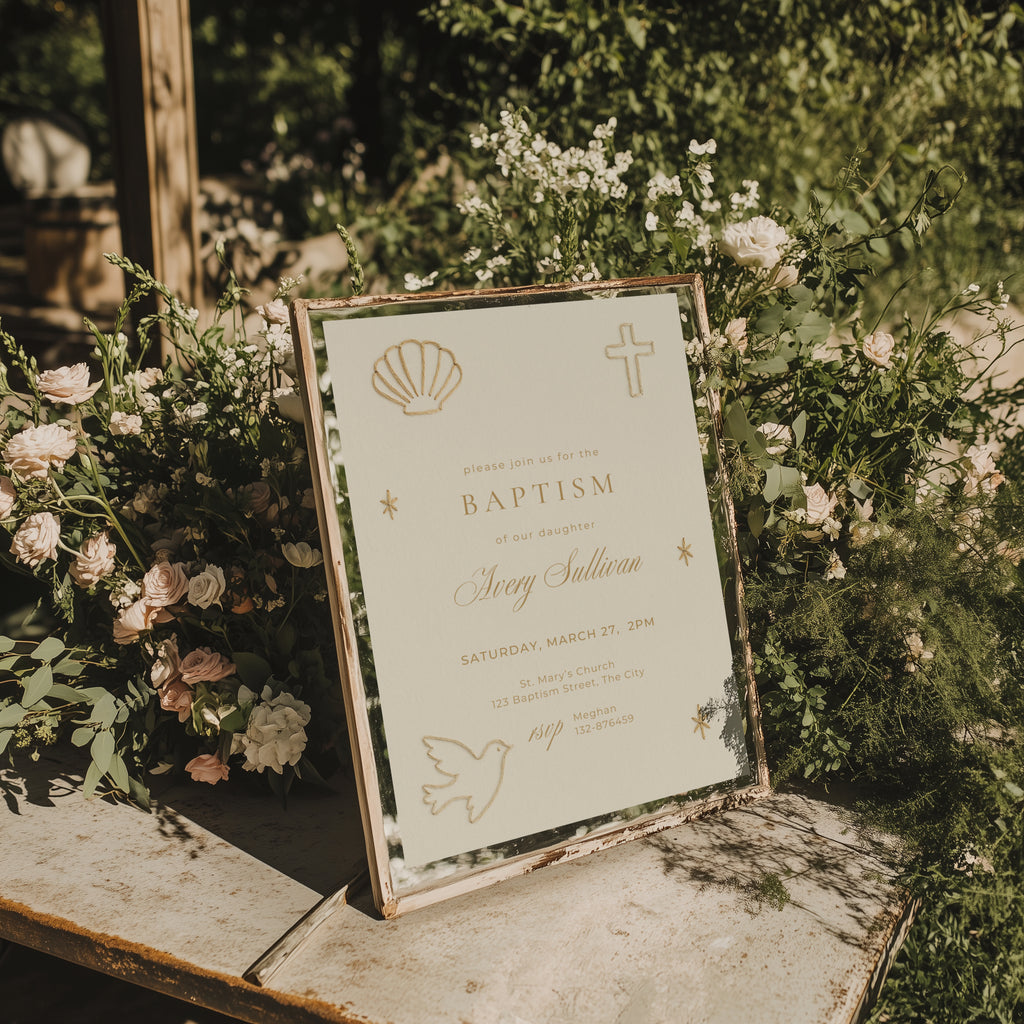 Embroidered baptism invitation with neutral background and stitched minimal design