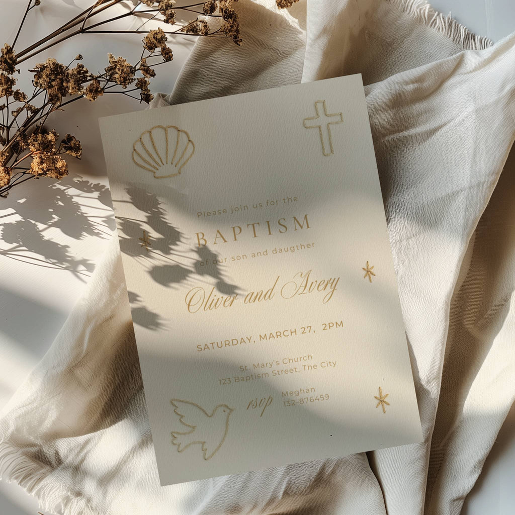 Embroidered baptism invitation for twins with neutral minimal design and stitched illustrations