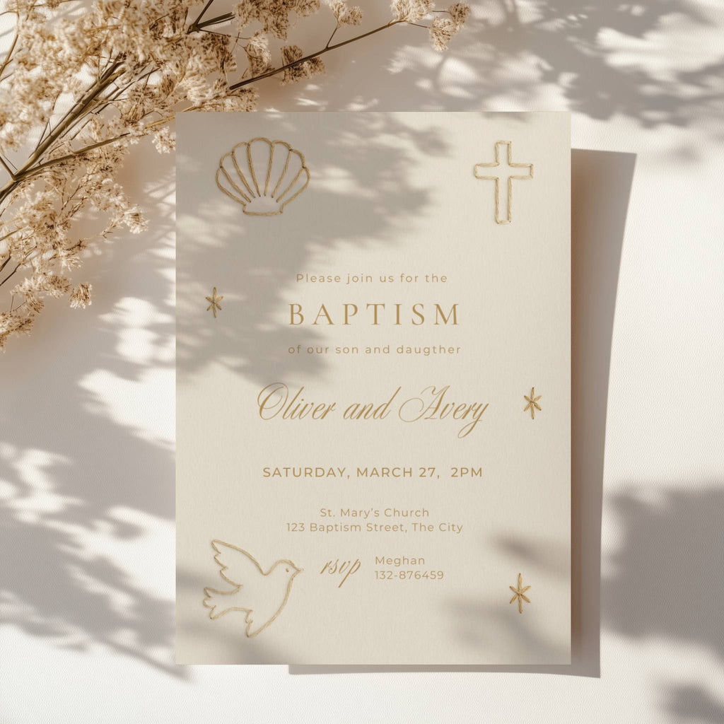 Embroidered baptism invitation for twins with neutral minimal design and stitched illustrations