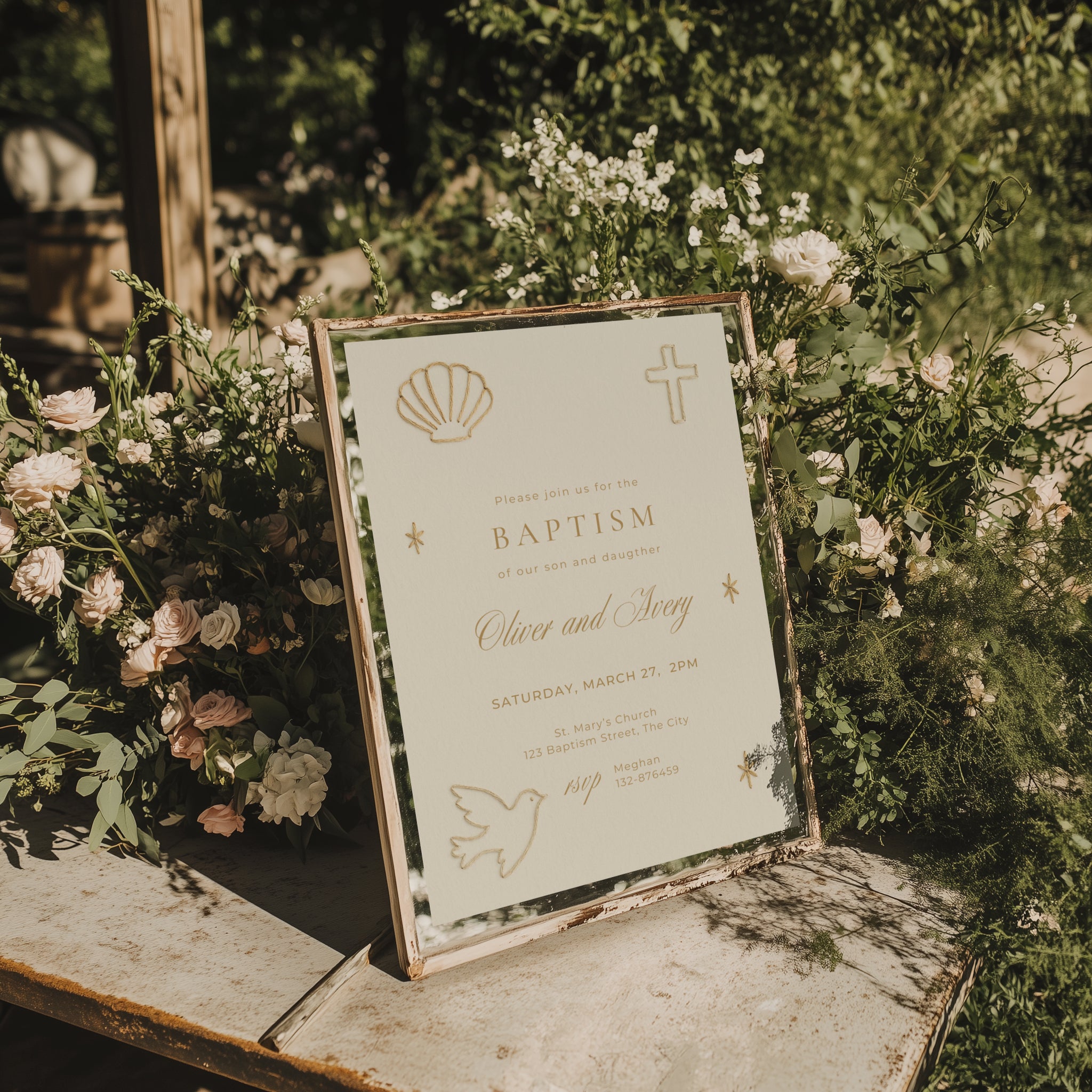 Embroidered baptism invitation for twins with neutral minimal design and stitched illustrations
