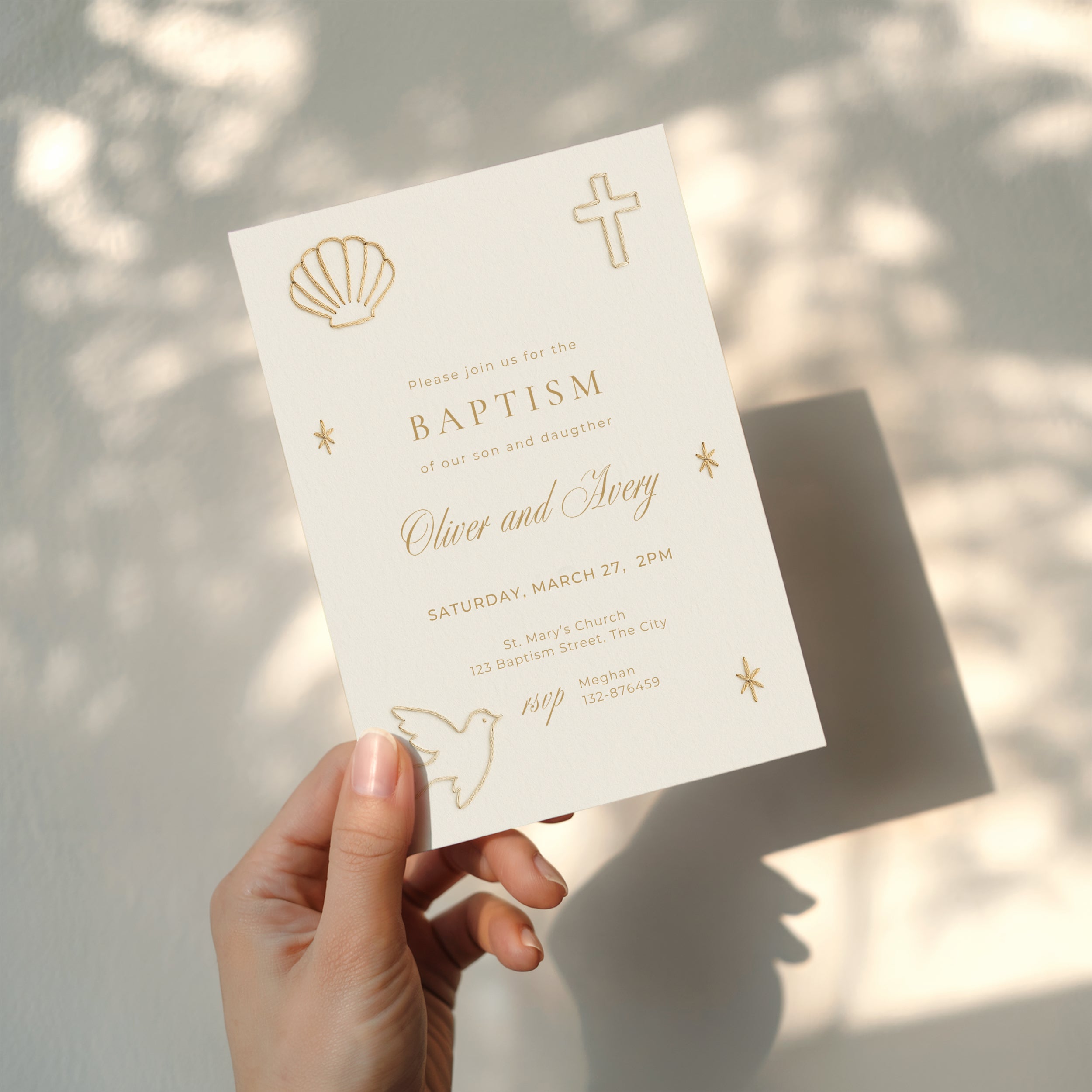 Embroidered baptism invitation for twins with neutral minimal design and stitched illustrations