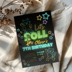 Neon roller skate birthday invitation with glowing stars and playful kids party design