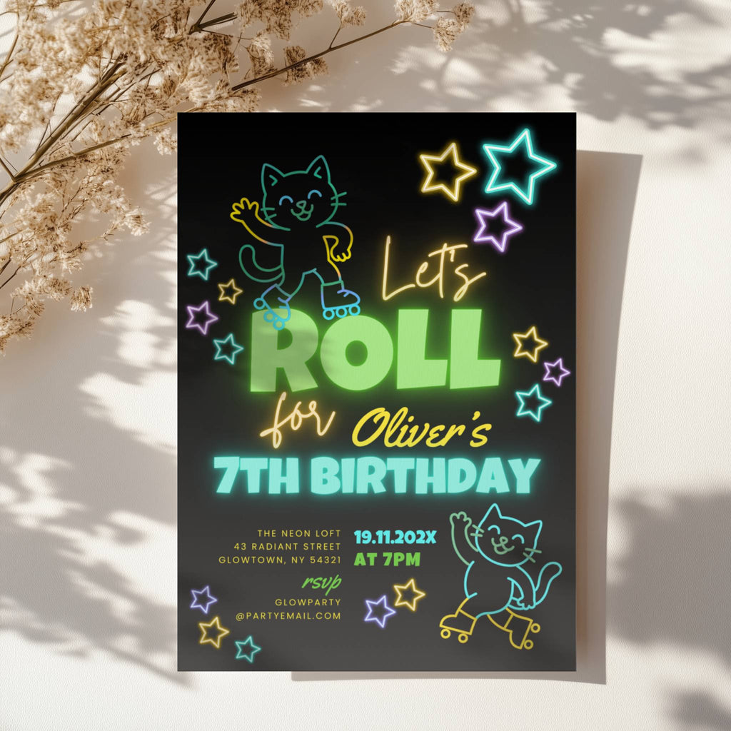 Neon roller skate birthday invitation with glowing stars and playful kids party design
