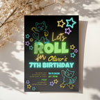 Neon roller skate birthday invitation with glowing stars and playful kids party design