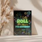 Neon roller skate birthday invitation with glowing stars and playful kids party design