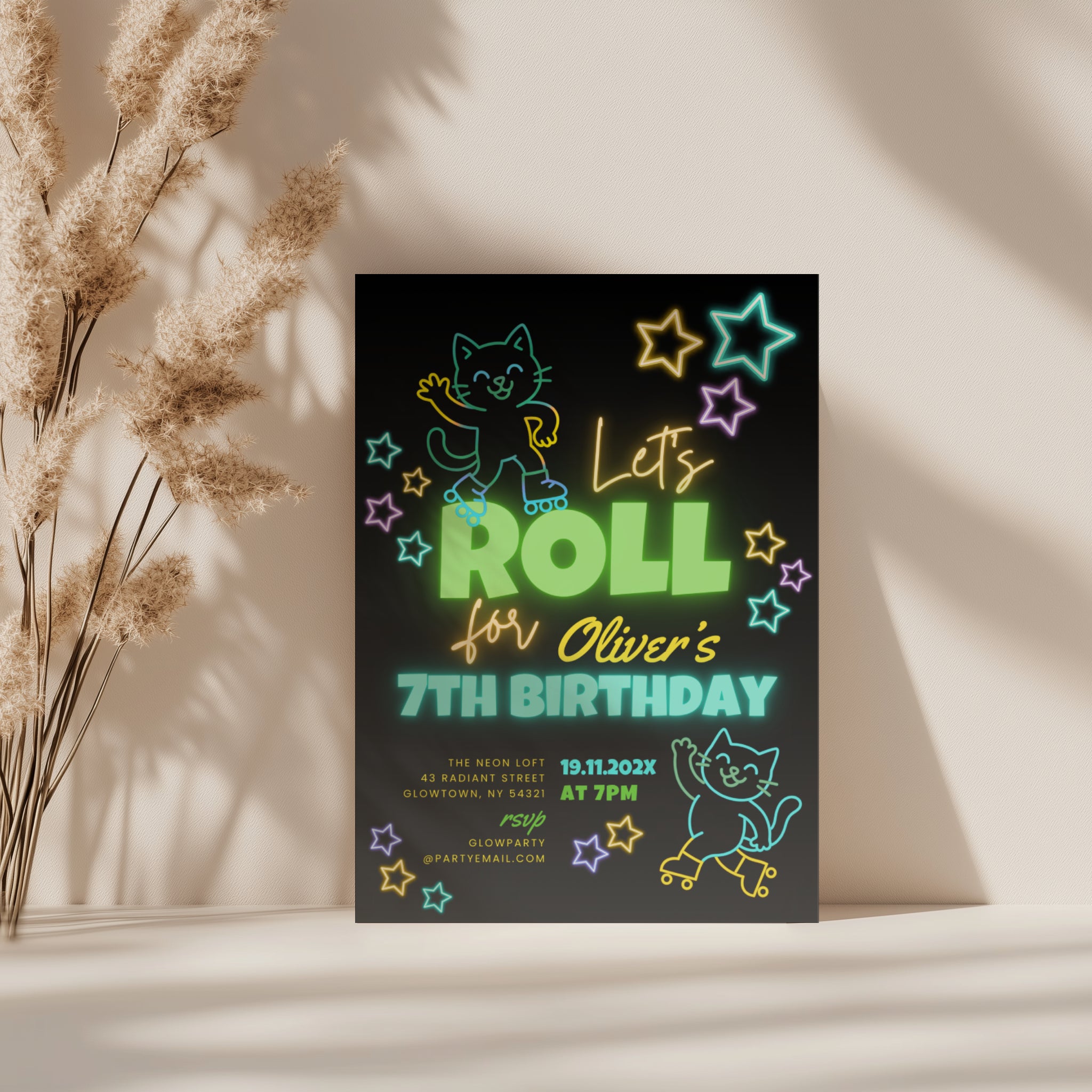Neon roller skate birthday invitation with glowing stars and playful kids party design