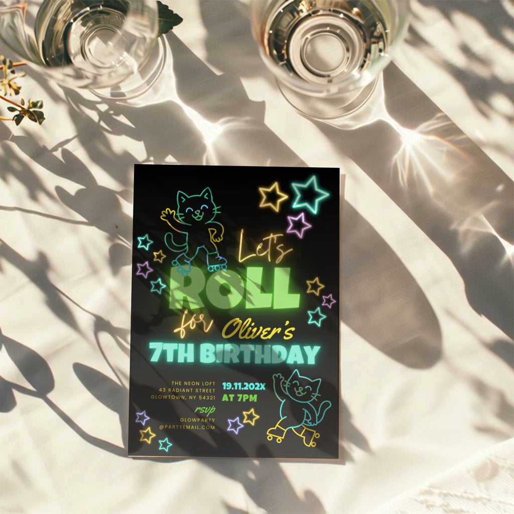 Neon roller skate birthday invitation with glowing stars and playful kids party design