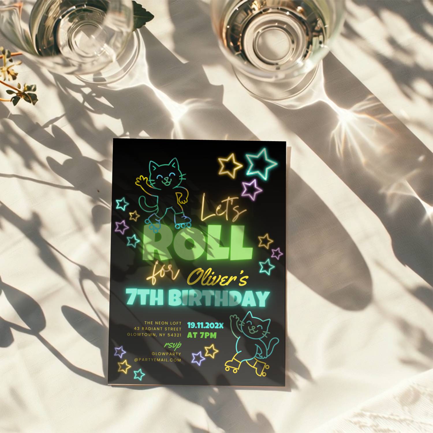 Neon roller skate birthday invitation with glowing stars and playful kids party design
