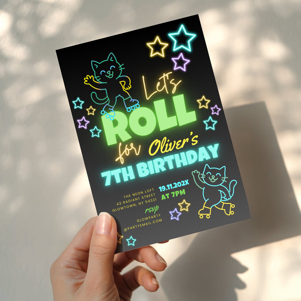 Neon roller skate birthday invitation with glowing stars and playful kids party design