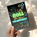 Neon roller skate birthday invitation with glowing stars and playful kids party design
