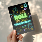 Neon roller skate birthday invitation with glowing stars and playful kids party design