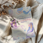 Mermaid birthday invitation for twin girls with pastel underwater theme and playful design