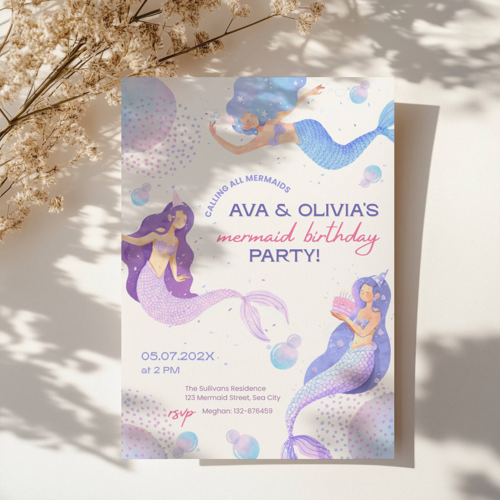 Mermaid birthday invitation for twin girls with pastel underwater theme and playful design