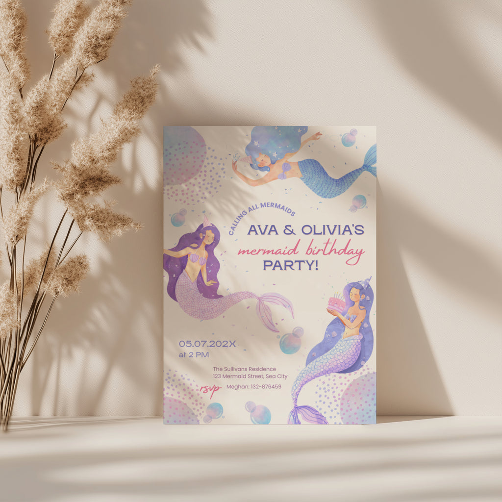 Mermaid birthday invitation for twin girls with pastel underwater theme and playful design