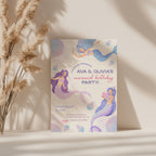 Mermaid birthday invitation for twin girls with pastel underwater theme and playful design